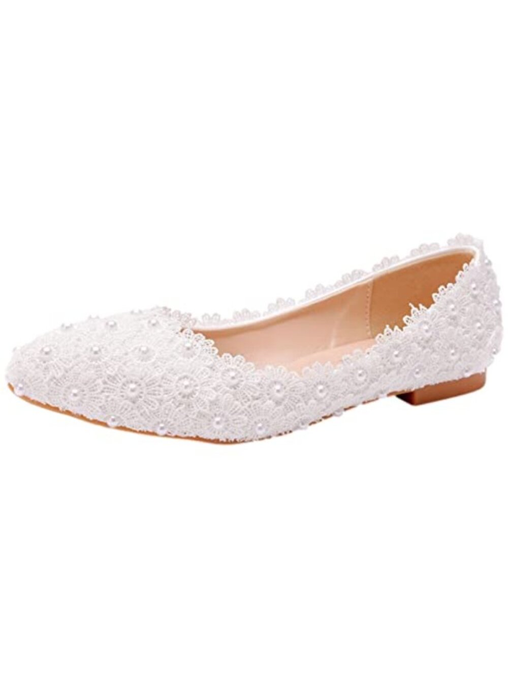 Women's Pointed Toe Lace Pearls Bridal Ballet Flats, Synthetic Leather Soft
